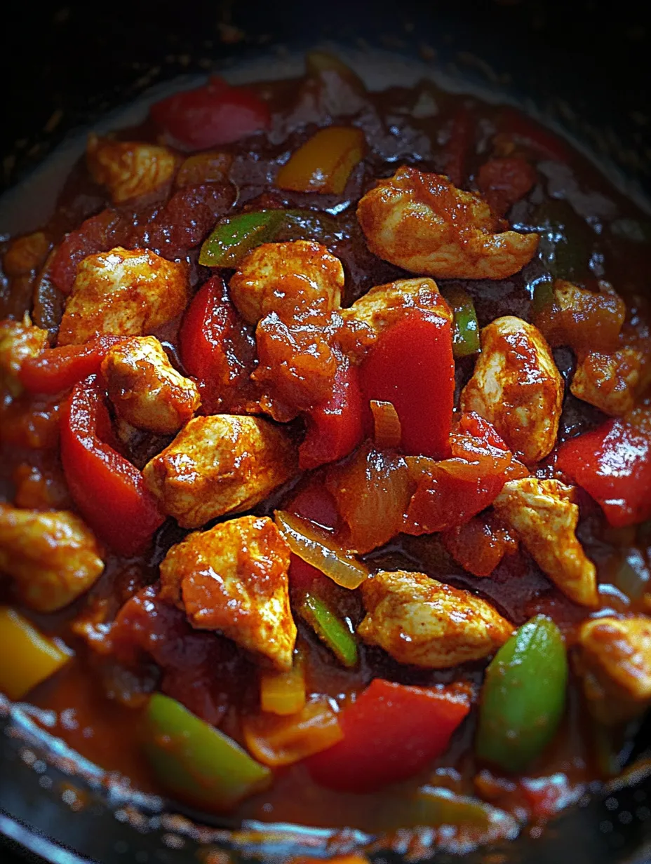 Eine Schüssel mit Hähnchen und Paprika.