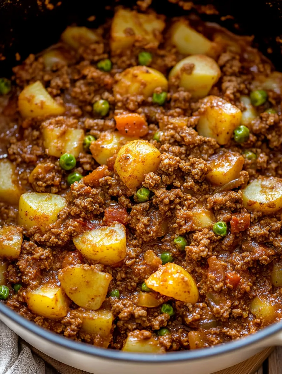 Eine Schüssel Rindereintopf mit Erbsen und Kartoffeln.