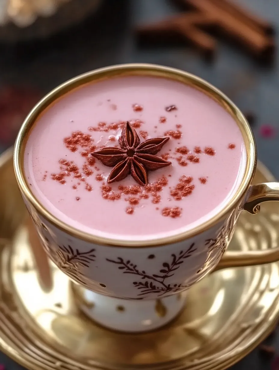 Eine Tasse rosa Getränk mit einem Stern obendrauf.