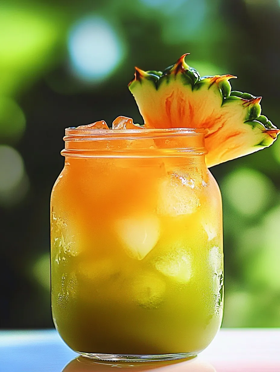 Ein Glas Ananassaft mit einem Ananasstück darin.