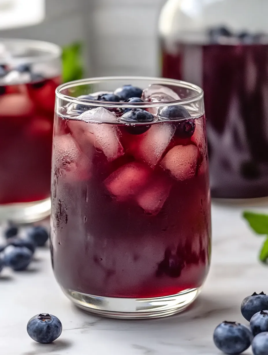 Ein Glas Heidelbeersaft mit Eis.