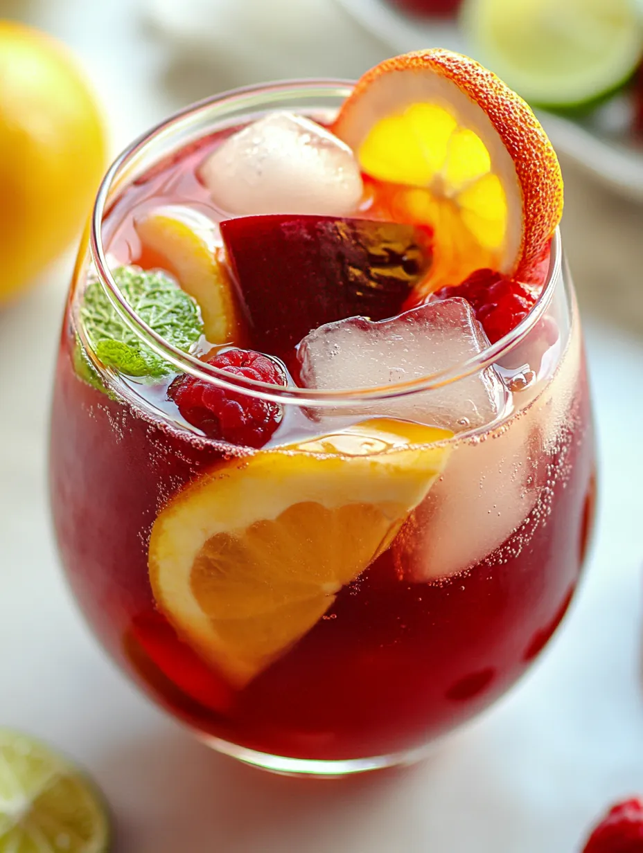 Ein Glas mit rotem Getränk, Orangenscheiben und Himbeeren.