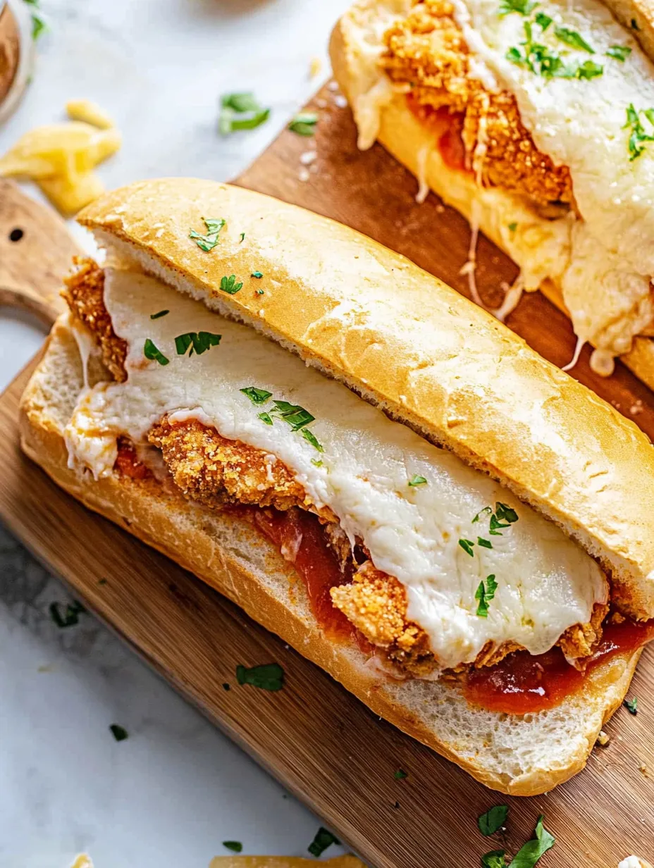 Ein Sandwich mit Fleisch und Käse auf einem Holzbrett.