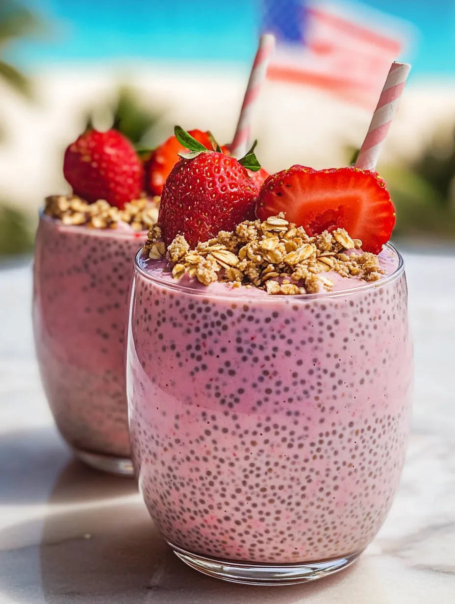 Zwei Gläser mit Erdbeermilch und Müsli.