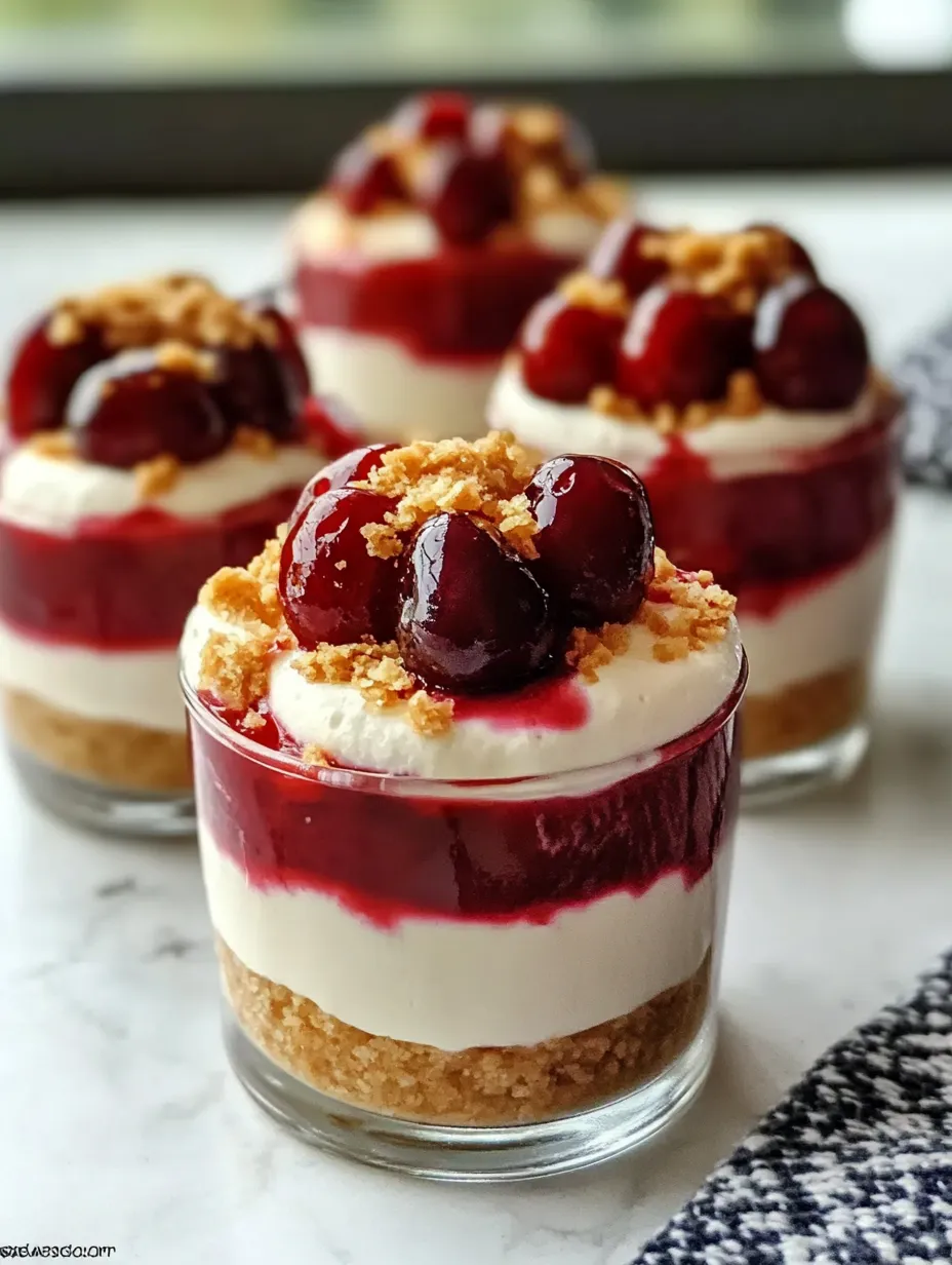 Drei Desserts mit Kirschen und Sahne.