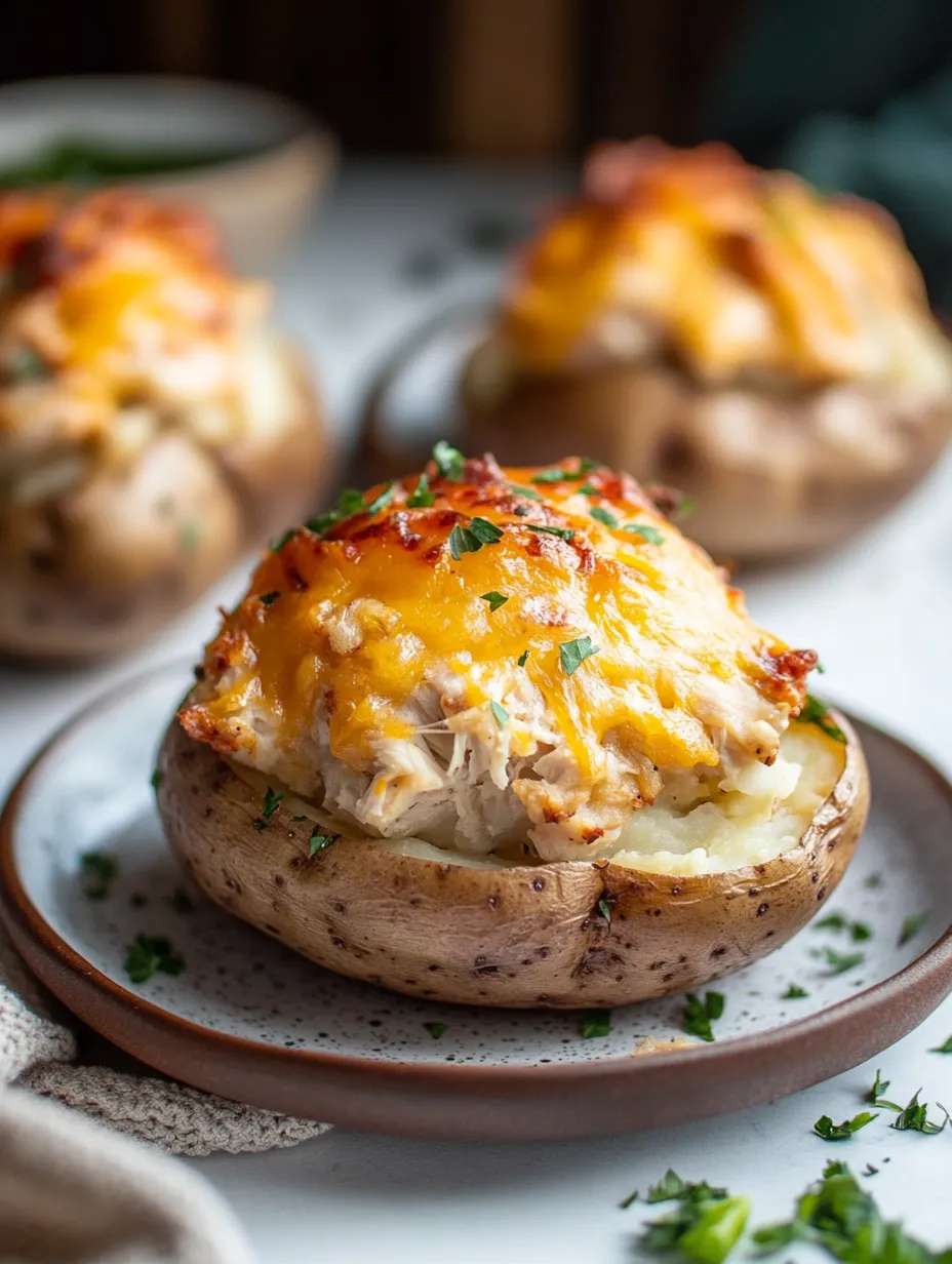 Nahaufnahme einer Ofenkartoffel mit Käse und Bacon.