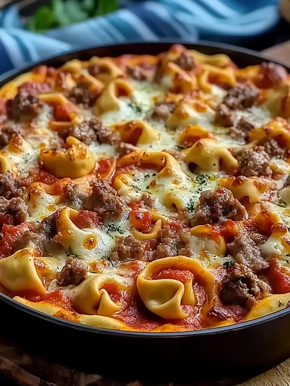 Pizza mit viel Fleisch und Nudeln drauf.