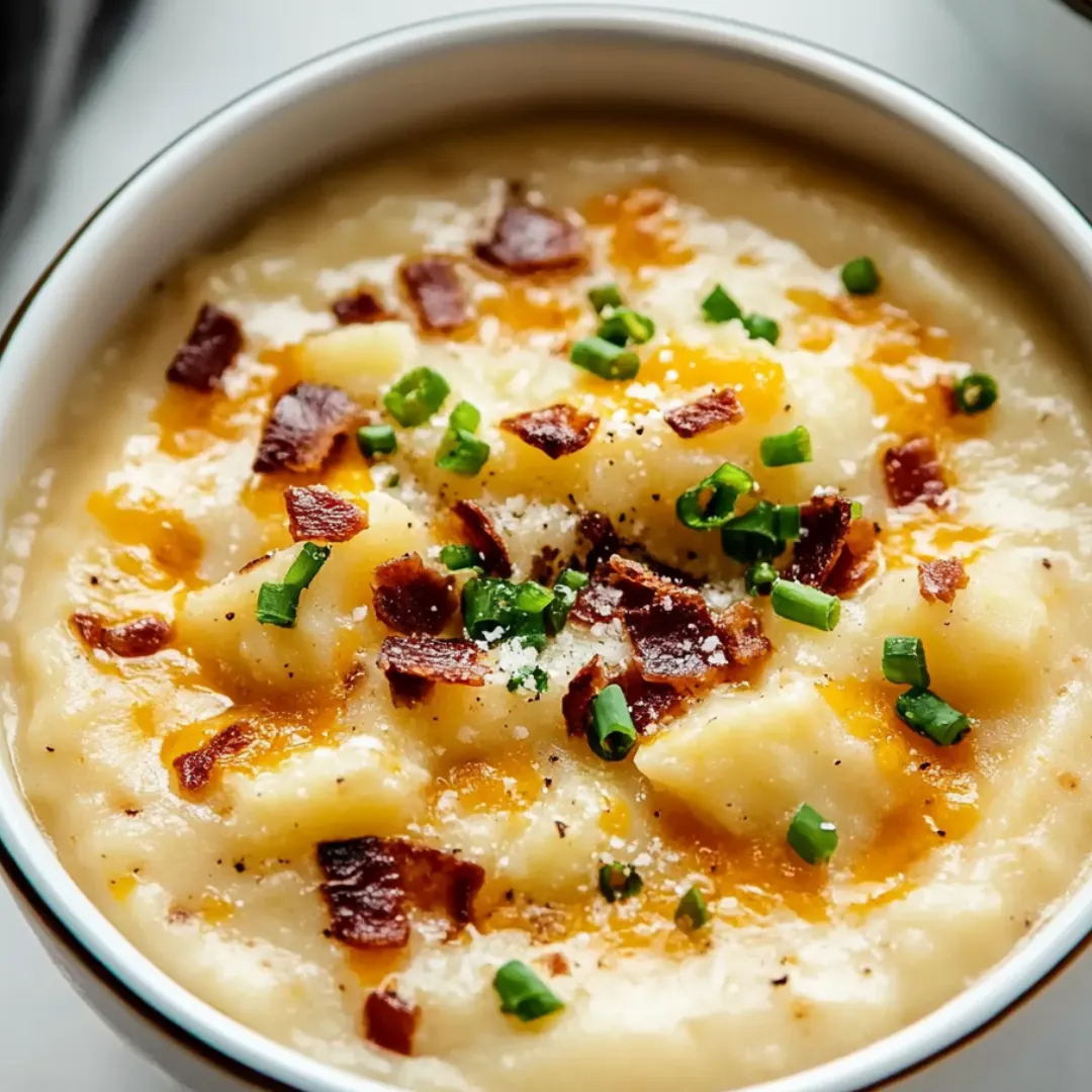 Eine Schüssel Suppe mit Bacon und Frühlingszwiebeln.