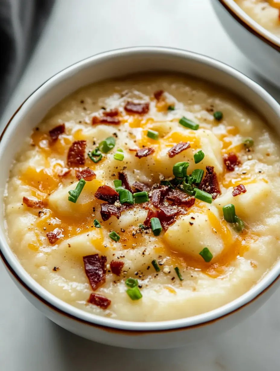 Eine Schüssel Suppe mit Speck und Käse.