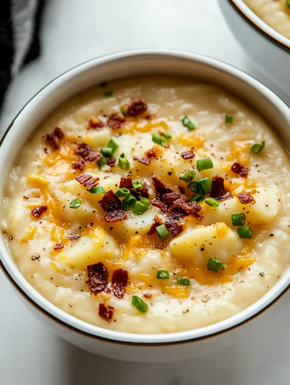 Eine Schüssel Suppe mit Speck und Frühlingszwiebeln.