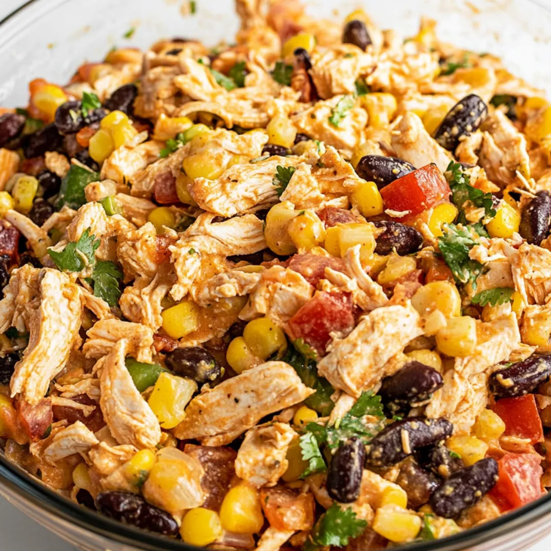 Schuessel voll mit Huhn, Mais, Bohnen und Tomaten.