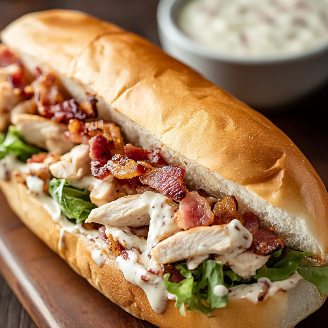 Ein Sandwich mit Bacon und Hühnchen auf einem Brötchen.