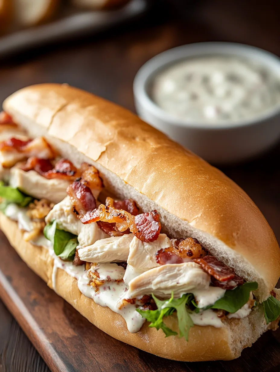 Ein Sandwich mit Bacon und Hähnchen in einem Brötchen.