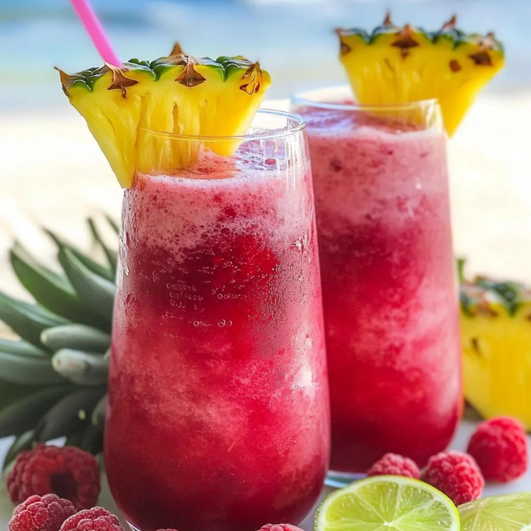Zwei Gläser mit pinkem Drink und Ananaskronen.
