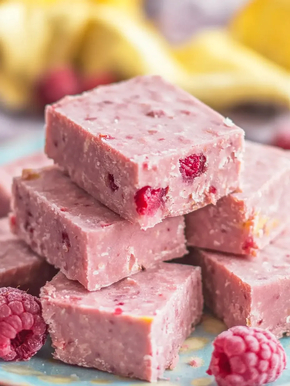 Gestapelte rosa Würfel mit Himbeeren obendrauf.