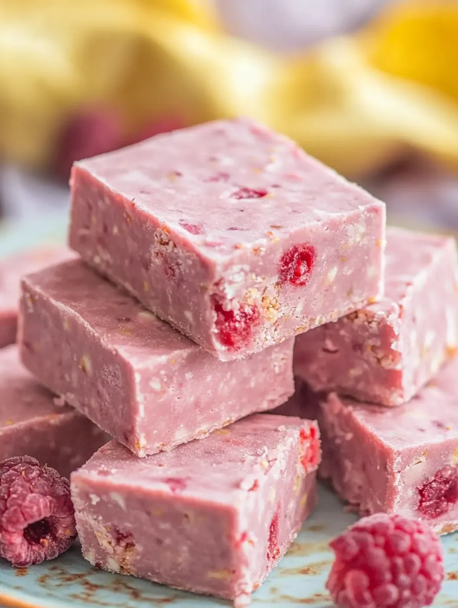 Gestapelte rosa Würfel mit Himbeeren obendrauf.