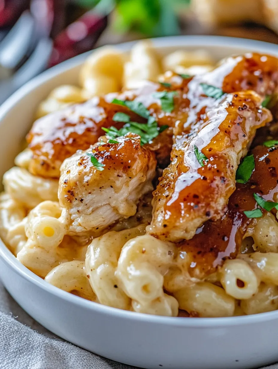 Eine Schüssel mit Hähnchen und Makkaroni.