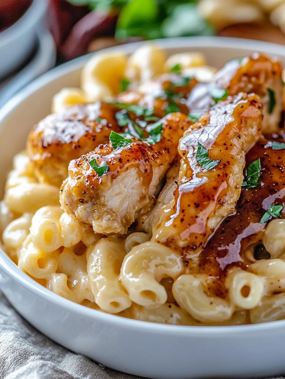 Eine Schüssel mit Hähnchen und Pasta.