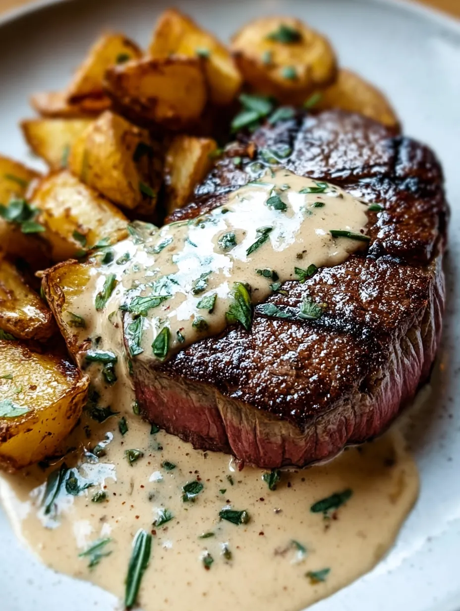 Ein Steakstück mit cremiger Soße.