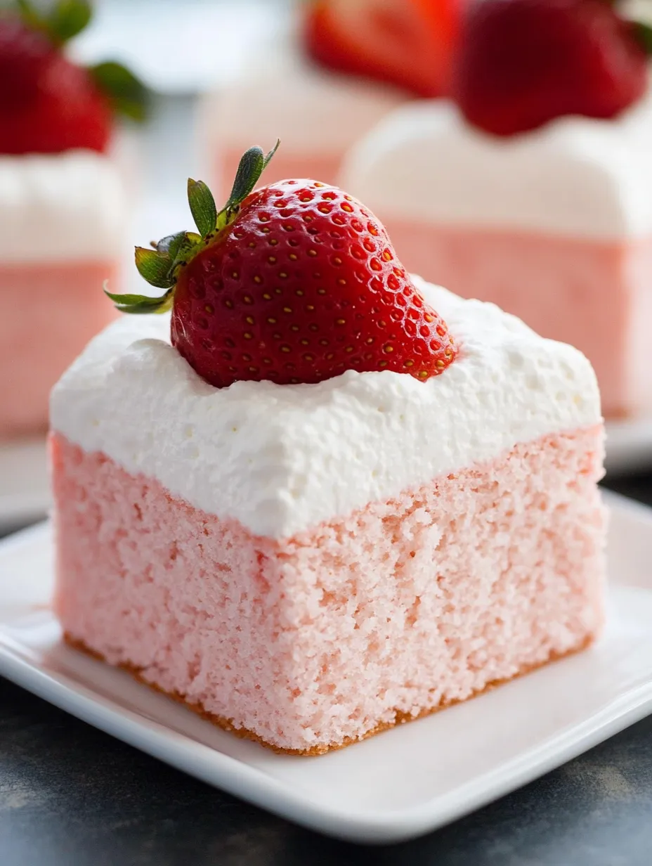 Ein Stück rosafarbene Torte mit einer Erdbeere obendrauf.