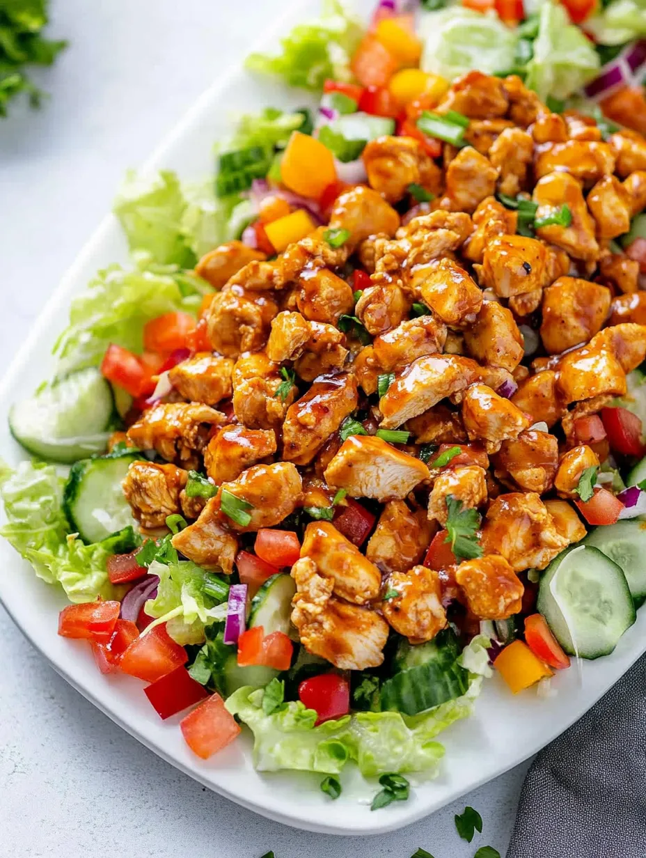 Ein Teller mit Hähnchen, Salat, Tomaten und Paprika.