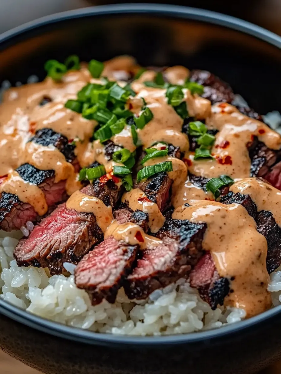 Schale mit Reis, Fleisch und Soße.