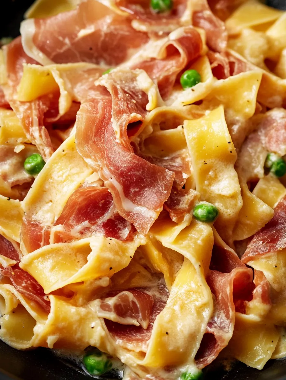 Ein Teller Pasta mit Schinken und Erbsen.