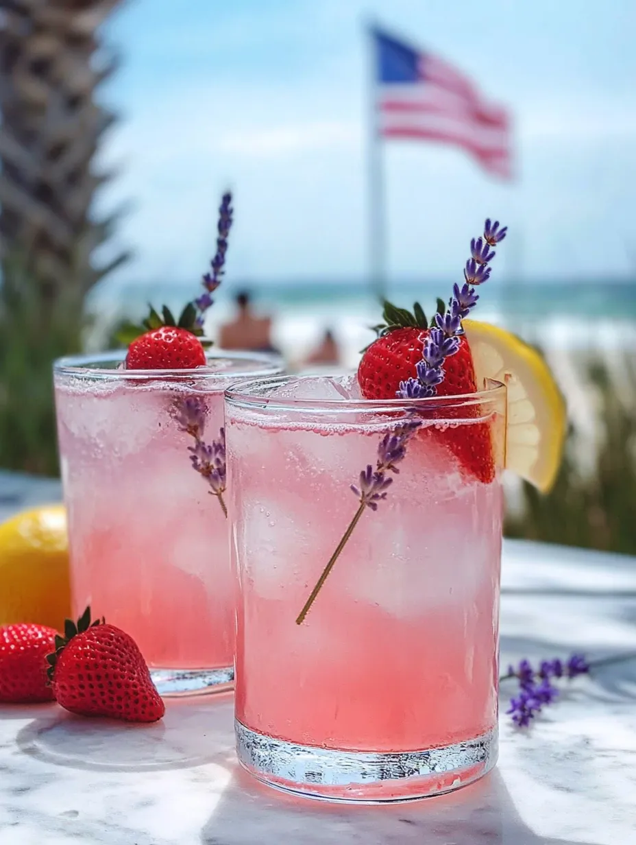 Zwei Gläser rosa Zitronenlimonade mit Erdbeeren und Lavendel.