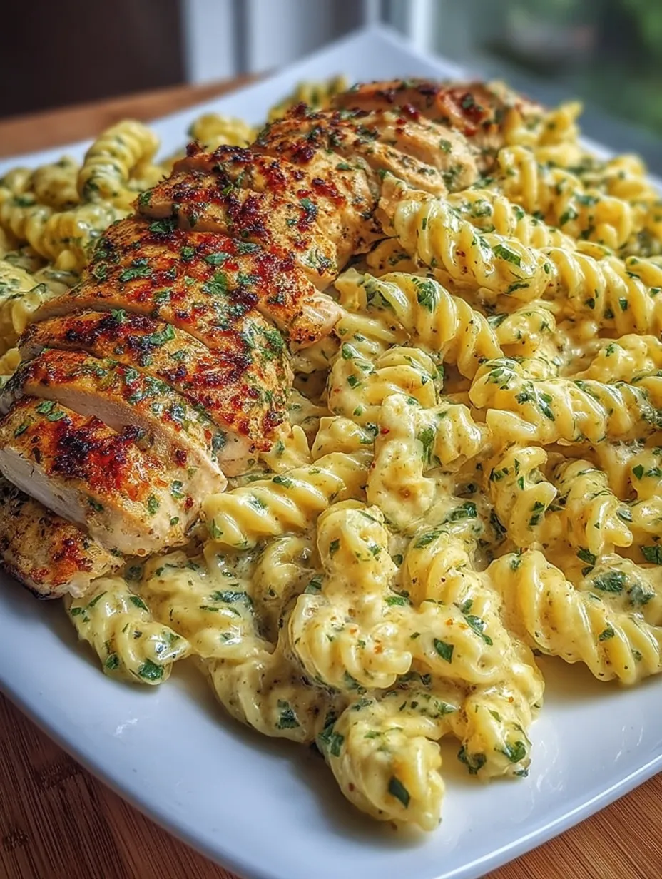 Ein Teller mit Hähnchen, Pasta und Brokkoli.