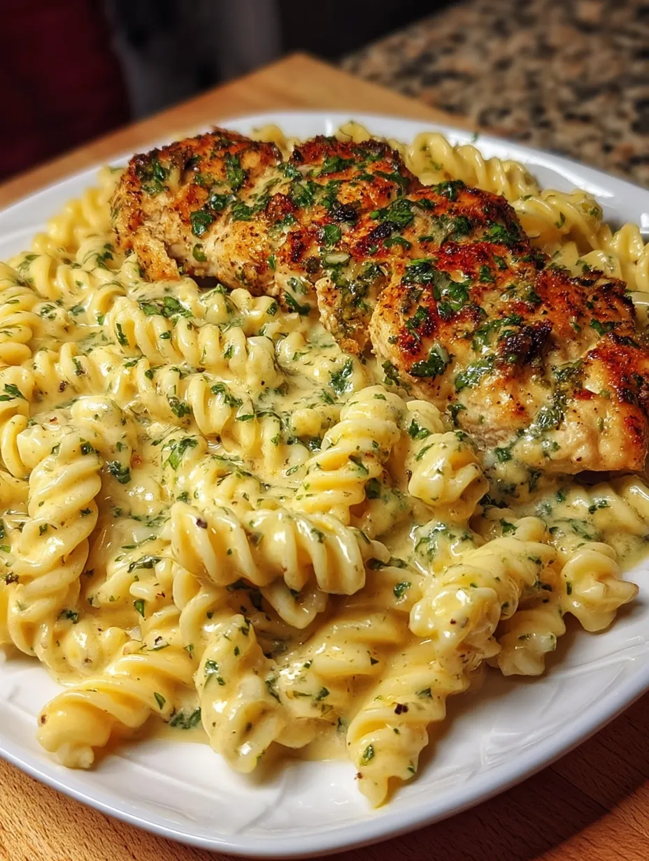 Ein Teller mit Pasta, Hähnchen und Brokkoli.