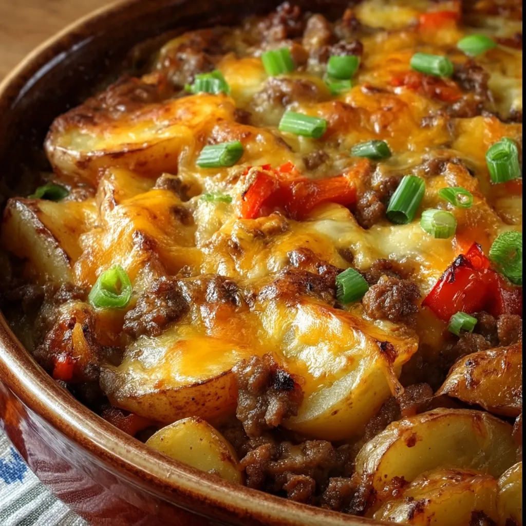 Schale mit Kartoffeln und Hackfleisch.