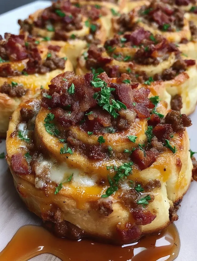 Fleischröllchen mit Bacon auf einem Holztisch.
