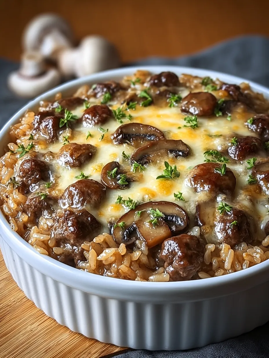 Eine Schüssel mit Reis, Pilzen und Fleisch.