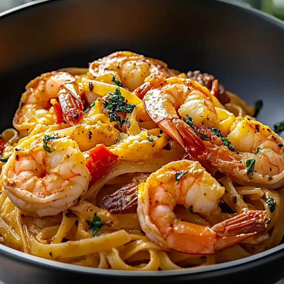 Eine Schale mit Garnelen und Pasta.