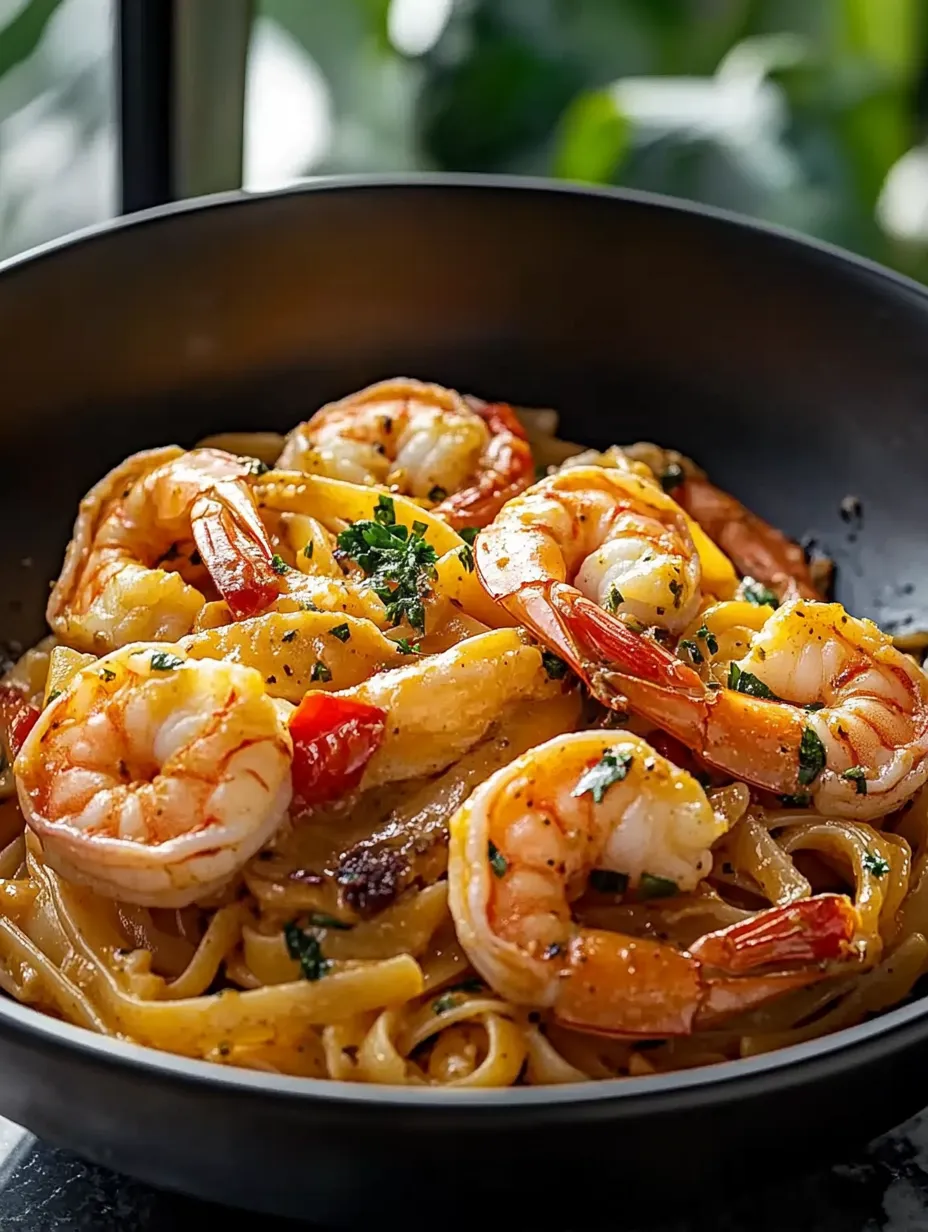 Eine Schale mit Garnelen und Pasta.