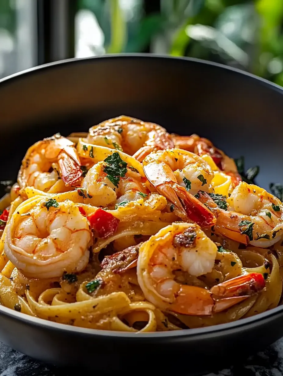 Eine Schale mit Garnelen und Pasta.