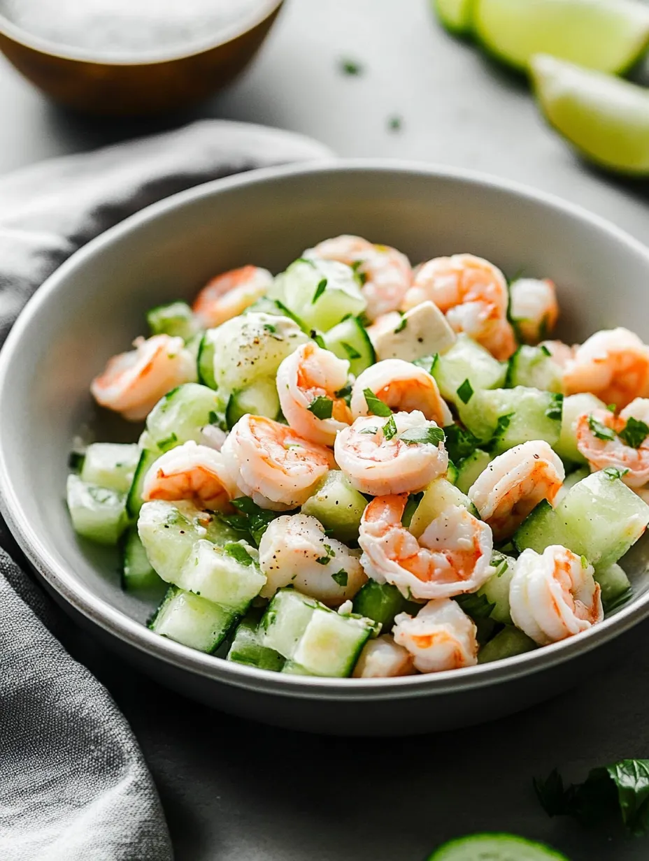 Eine Schüssel Gurken-Garnelen-Salat.