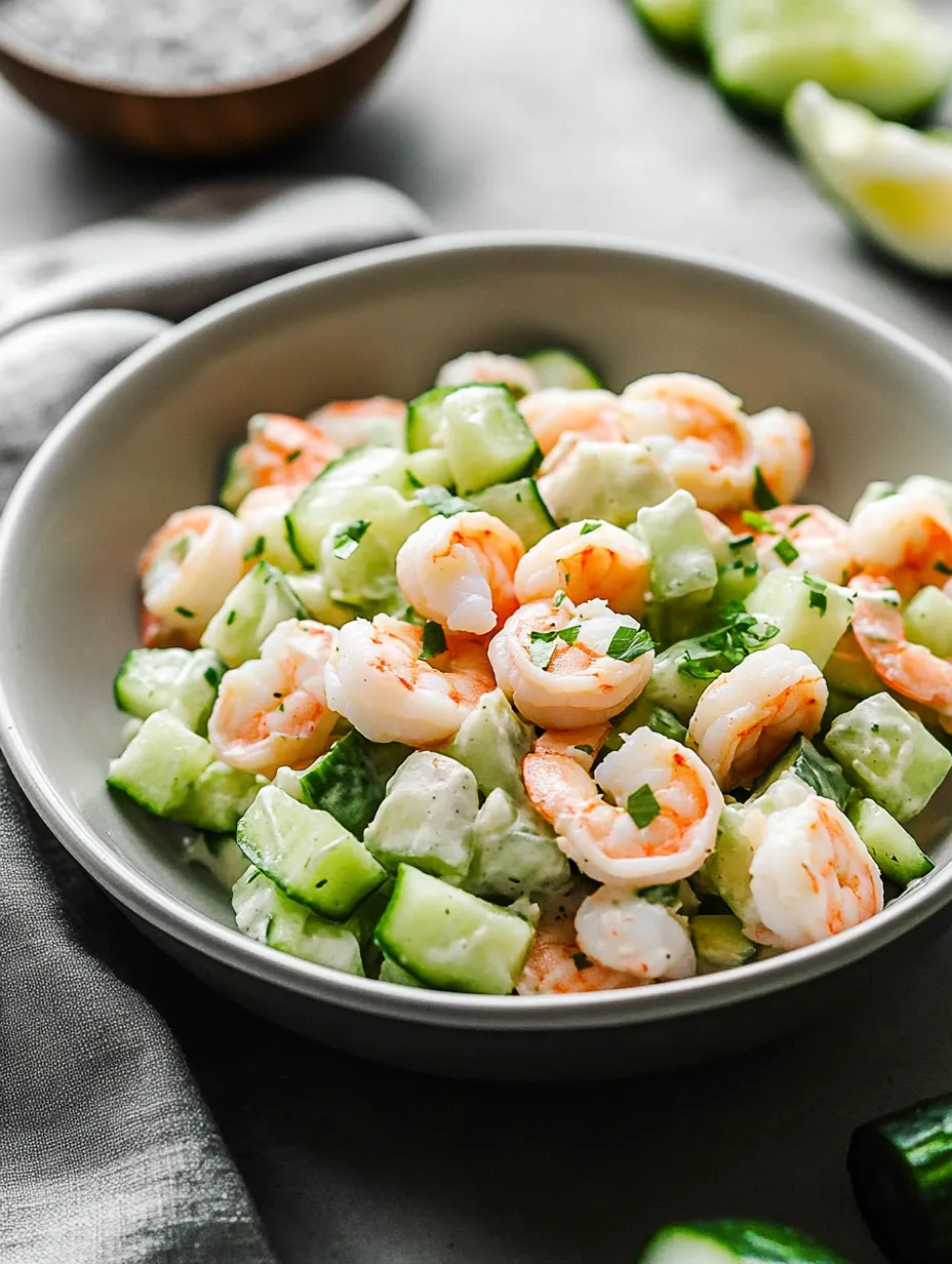 Eine Schüssel Gurken-Garnelen-Salat.