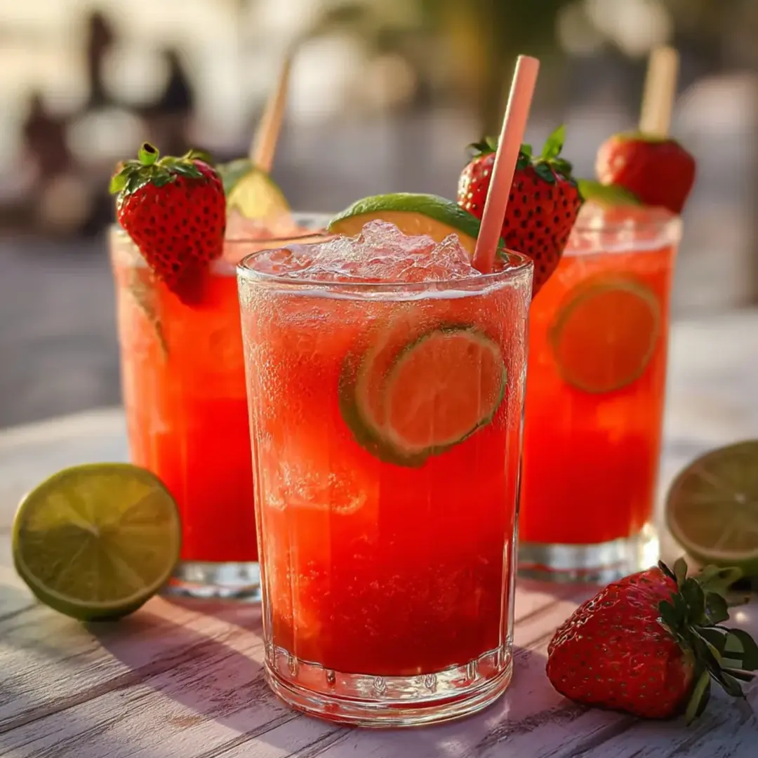Zwei Gläser rotes Fruchtgetränk mit Erdbeeren und Limettenscheiben.