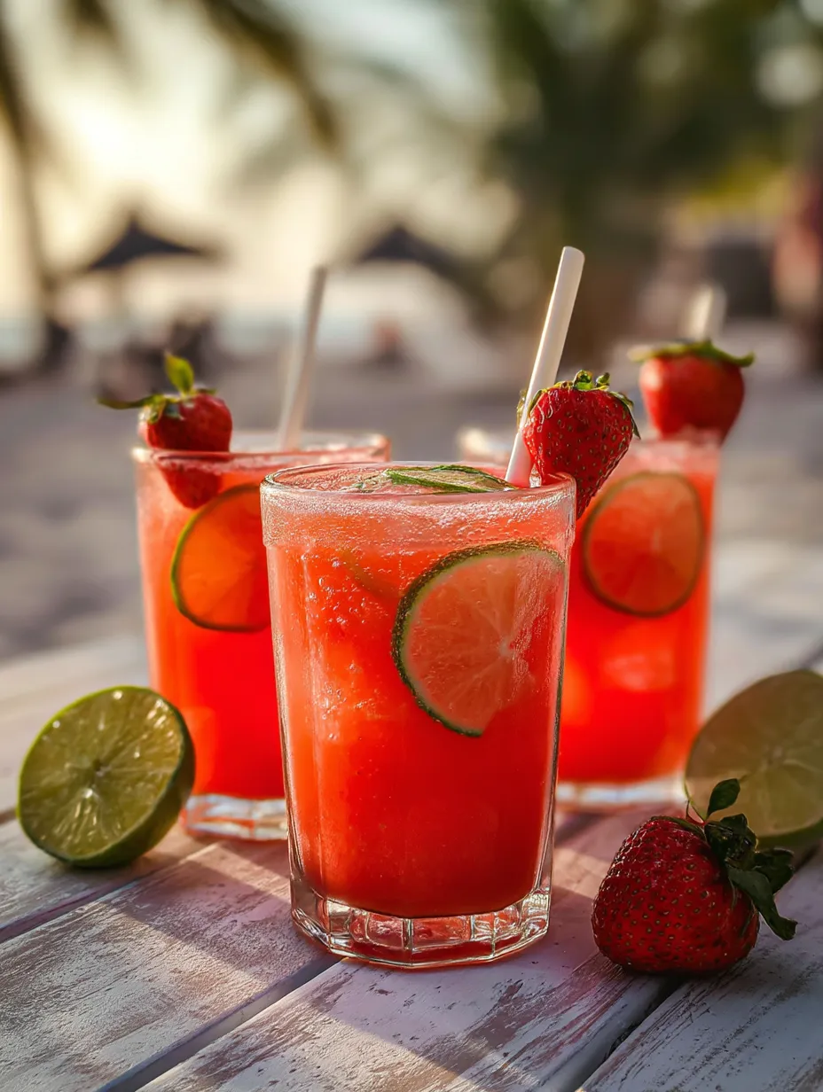Drei Gläser mit pinken Fruchtgetränken, garniert mit Limettenscheiben und Erdbeeren.