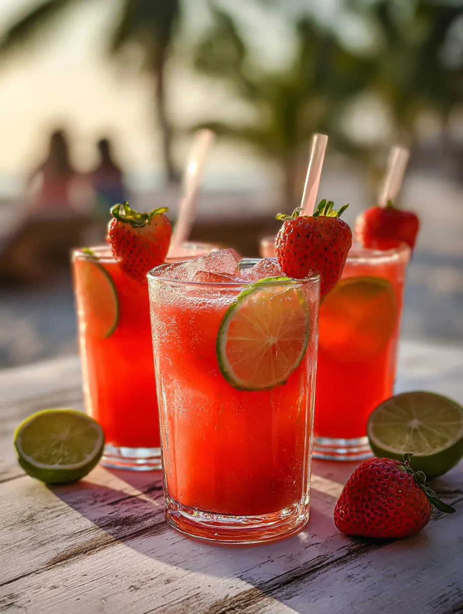 Drei hohe Gläser gefüllt mit Erdbeer-Limetten-Punsch, verziert mit Limetten und Erdbeeren.