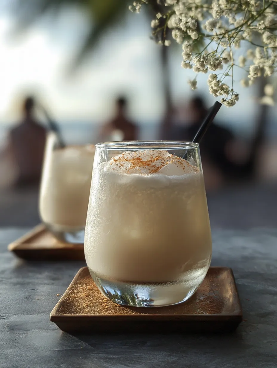 Zwei Gläser mit weißen Drinks und Strohhalmen.
