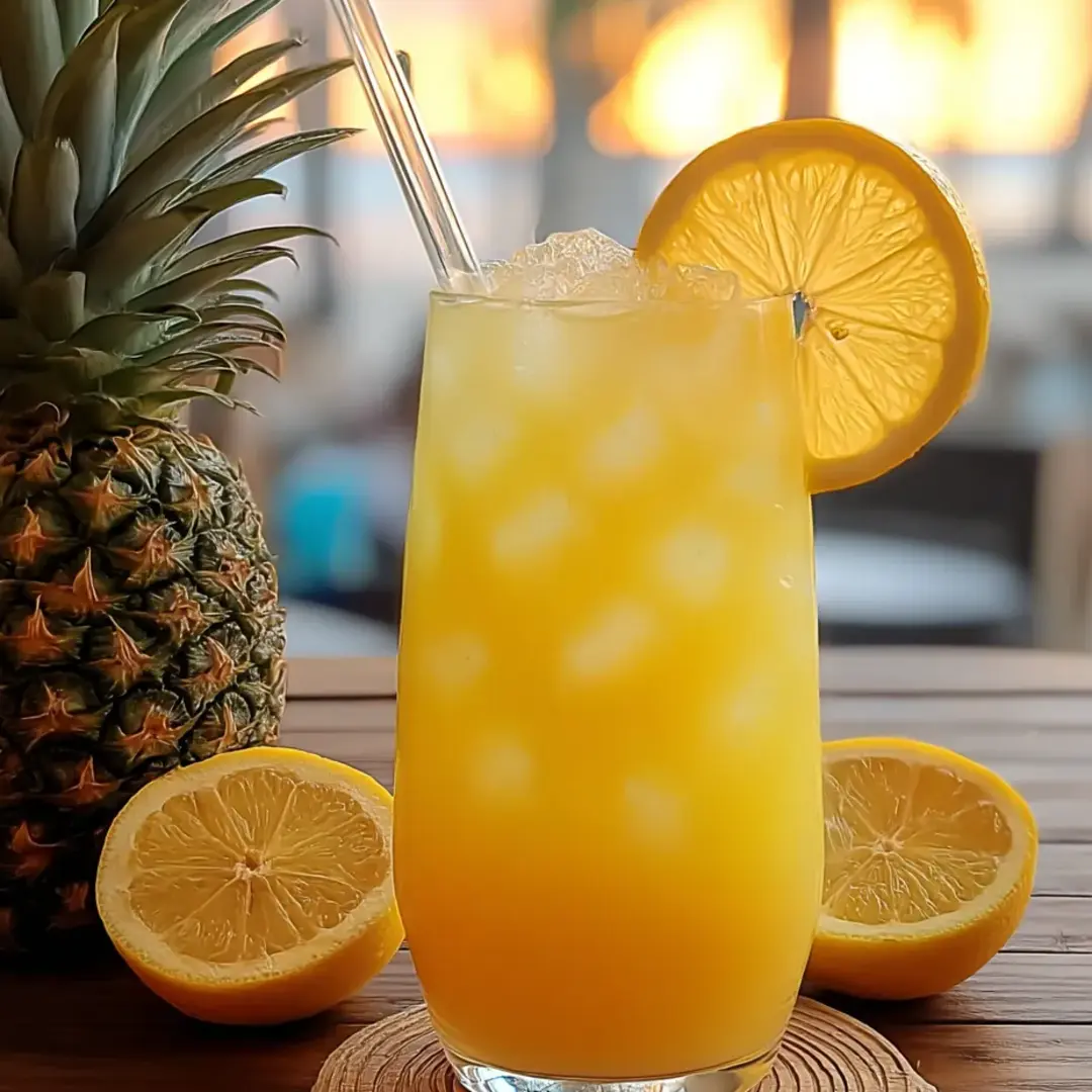 Oranges Getränk mit Zitronenspalten auf einem Untersetzer.