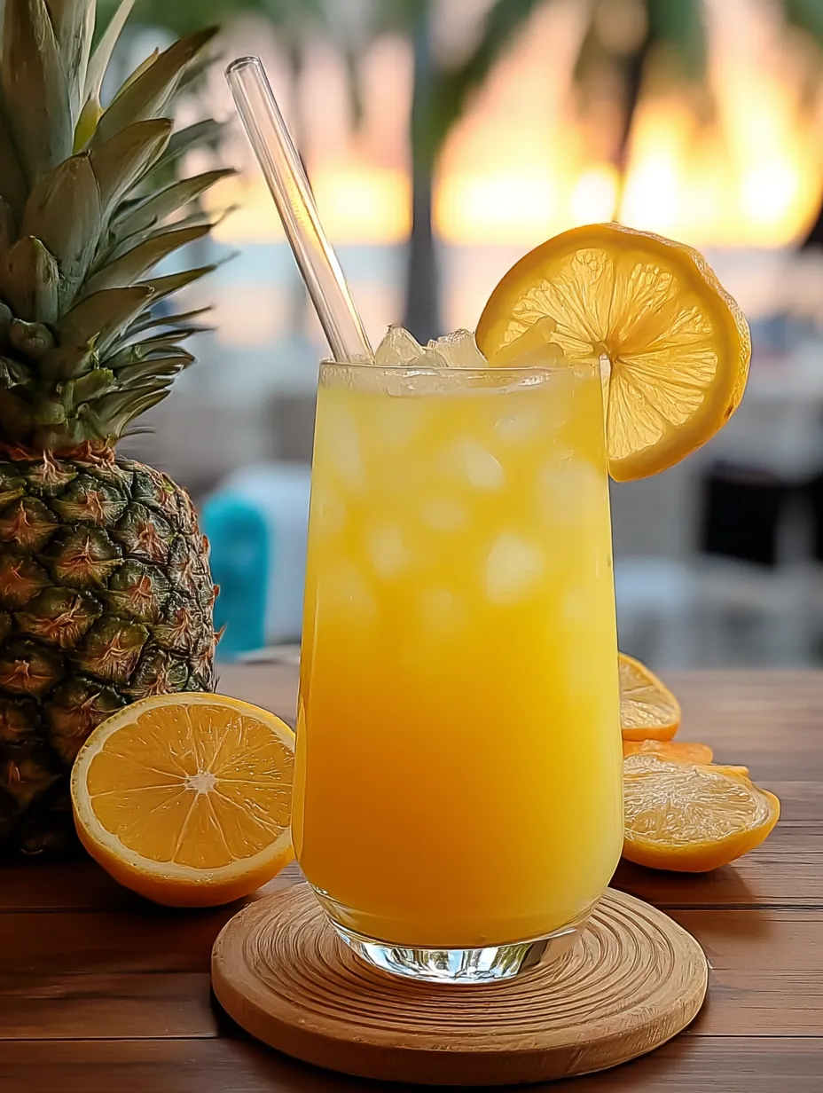 Orangensaft im Glas mit Strohhalm und Zitronenscheibe obendrauf.