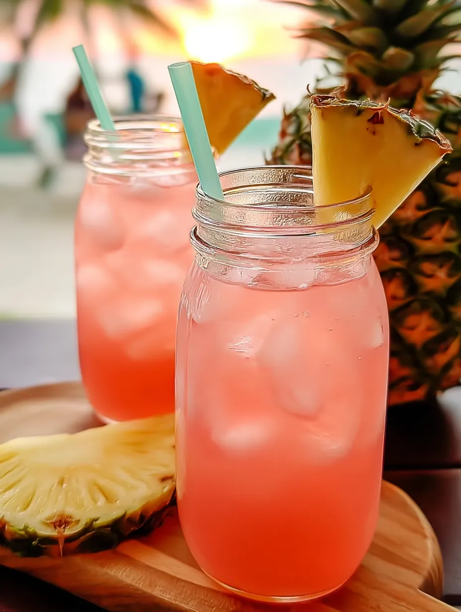 Hohe Gläser pinke Limonade mit Ananasstück am Rand.