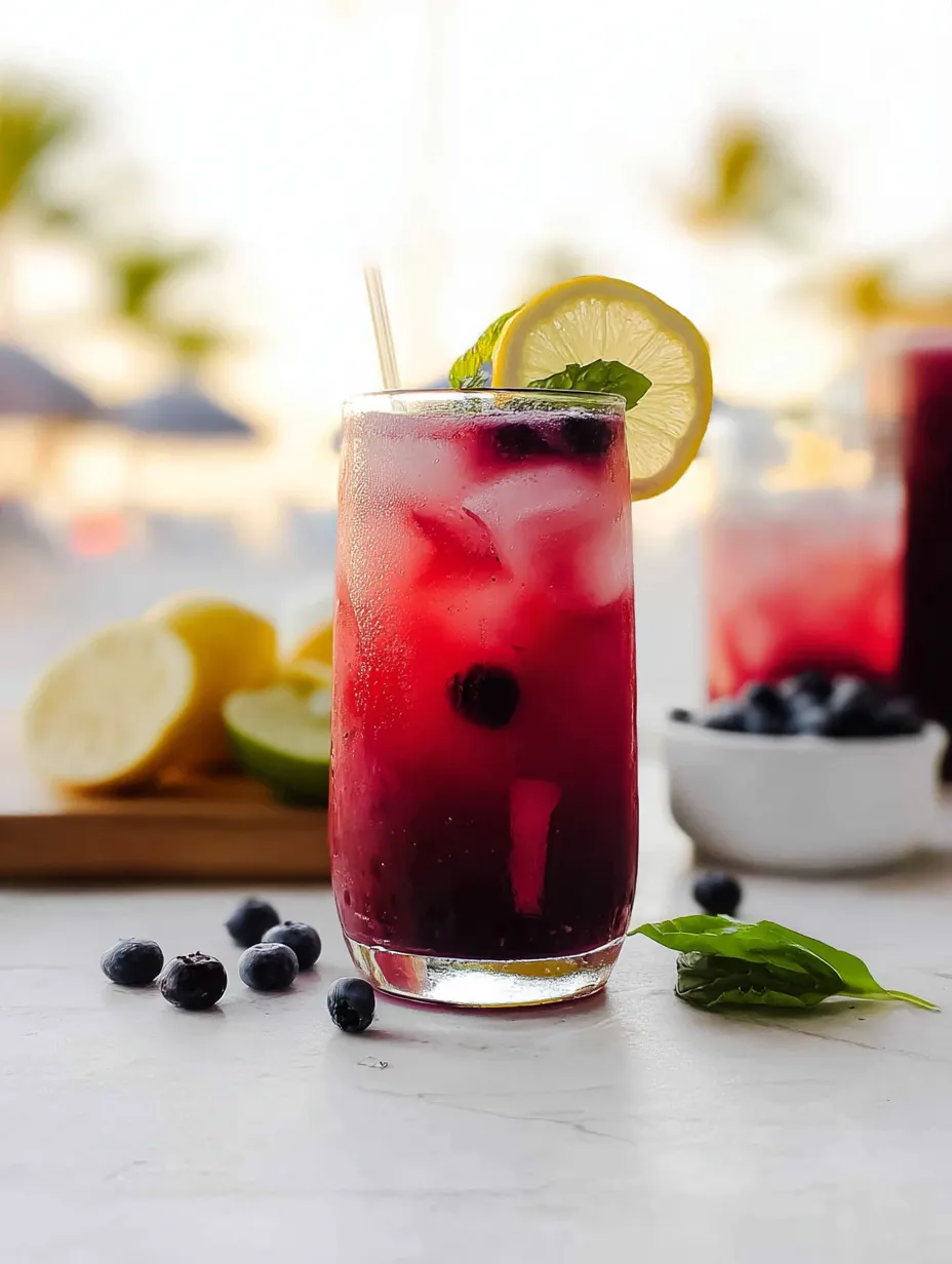 Ein Glas Blaubeerlimonade mit Zitronenspalte am Rand.