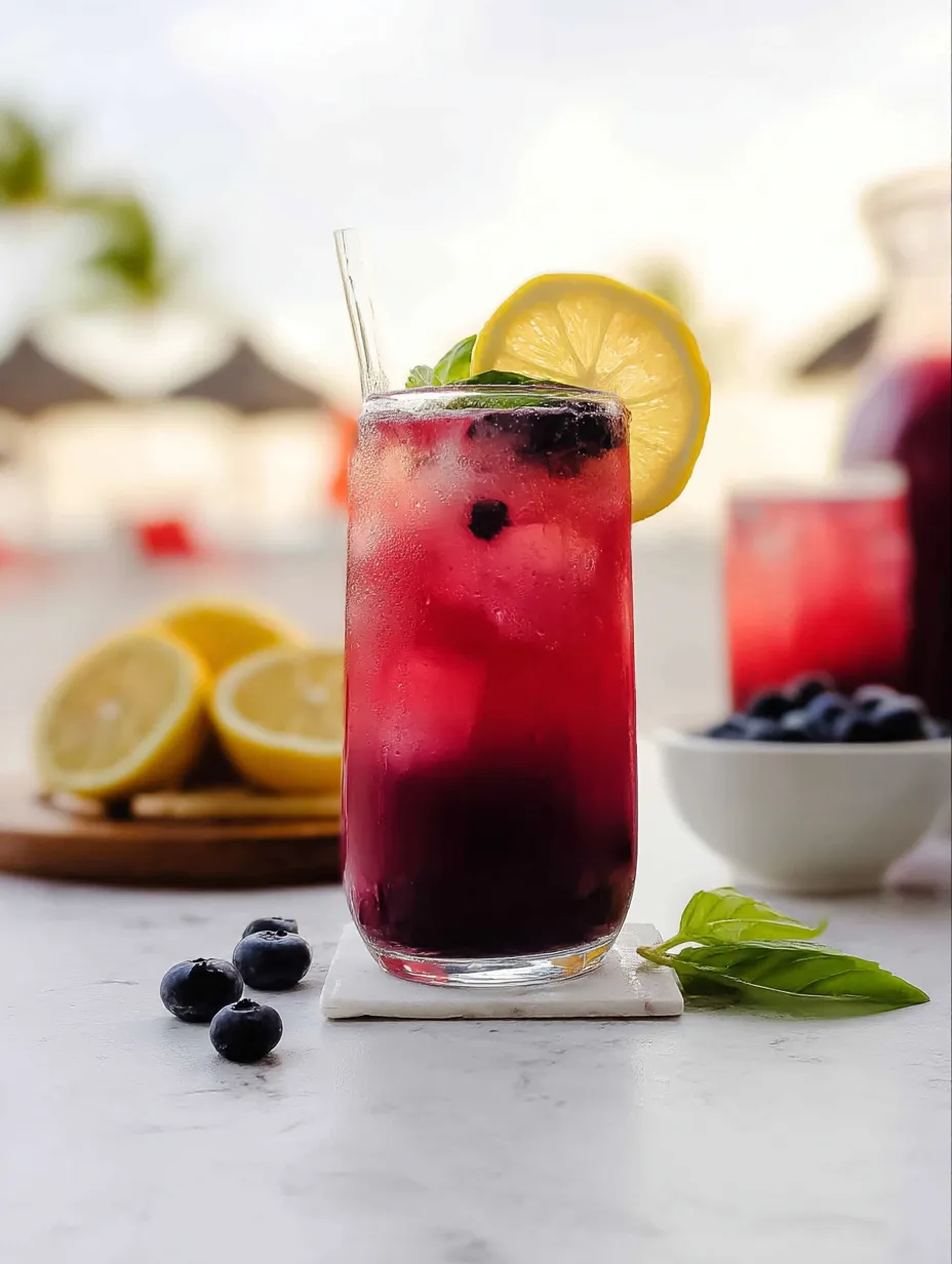 Ein Glas Blaubeerlimonade mit Zitronenspalte am Rand.