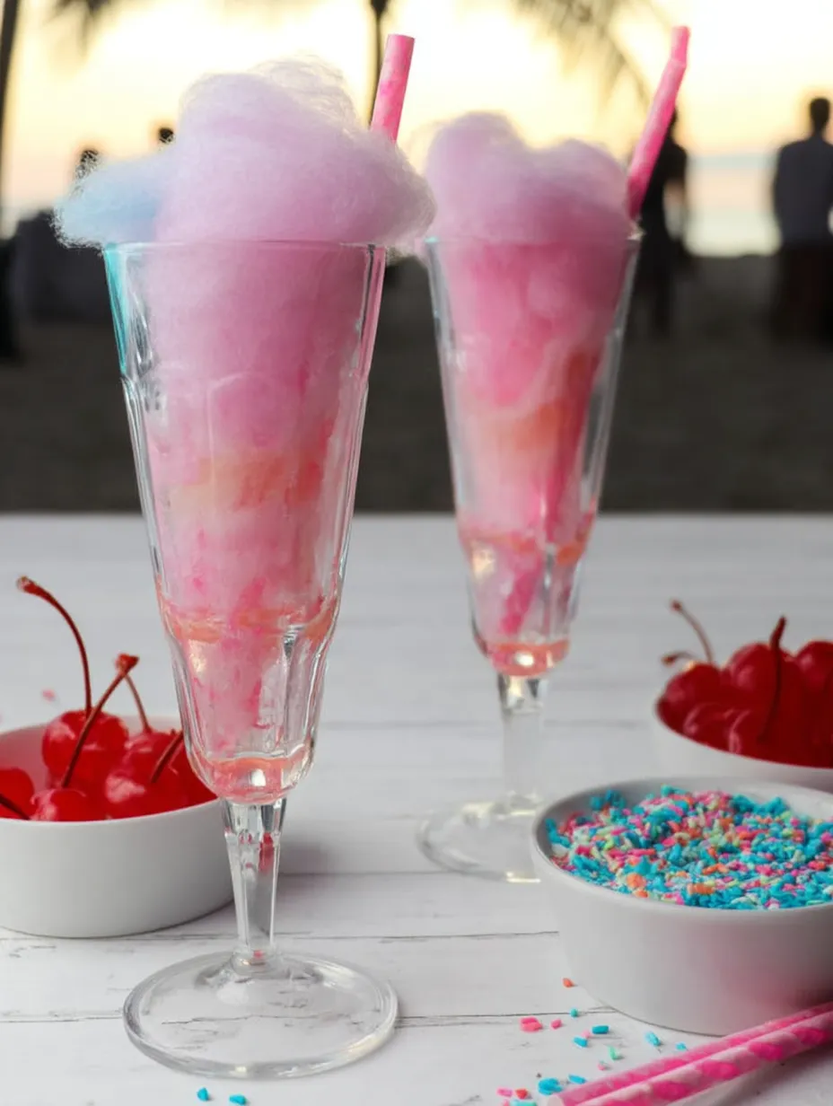 Zwei Gläser mit rosafarbener und lila Zuckerwatte.