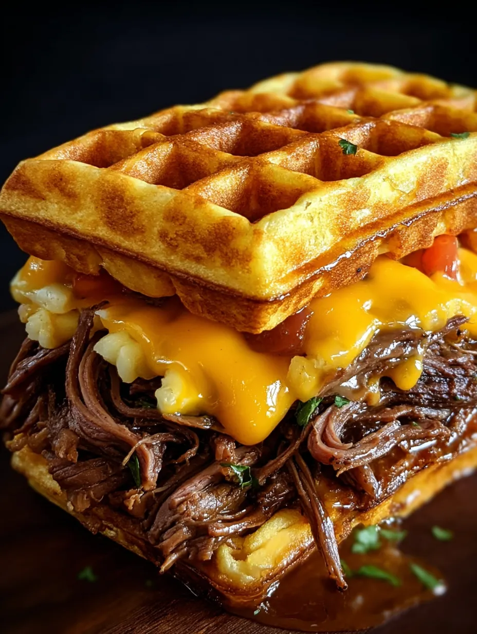 Ein knuspriges Waffel-Sandwich aus der Nähe.