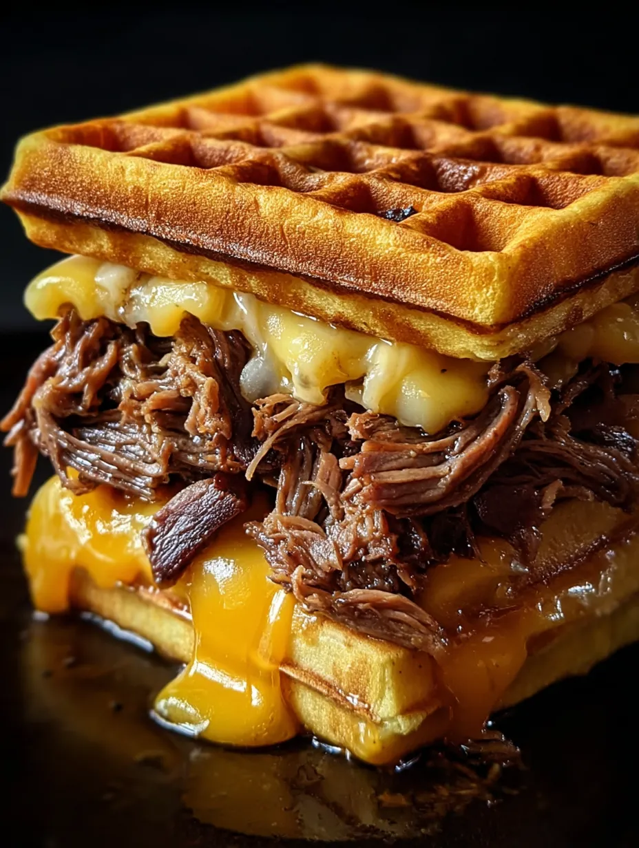 Ein knuspriges Waffel-Sandwich aus der Nähe.